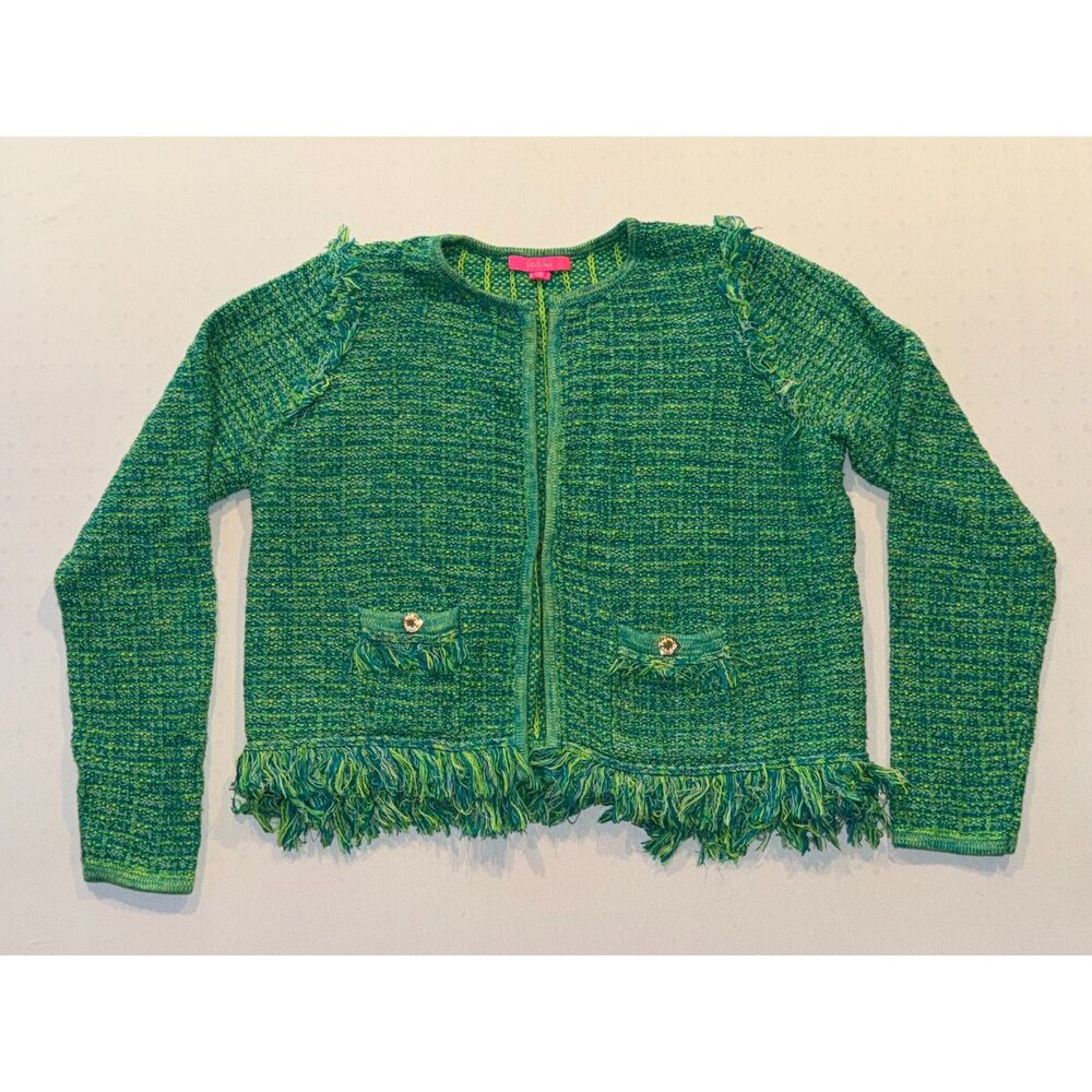 Lilly Pulitzer | Simora Fringe Cardigan Green Tweed | Size XL